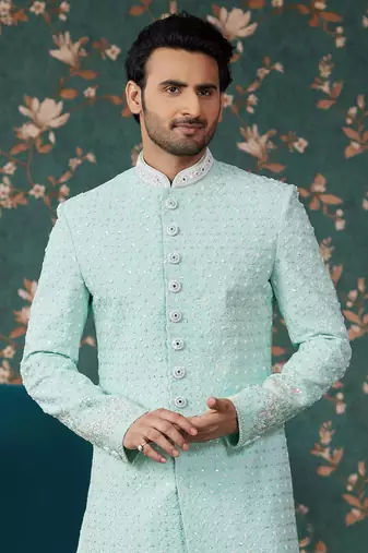 pista green sherwani with computer thread work on art silk and faux satin pajama for mens