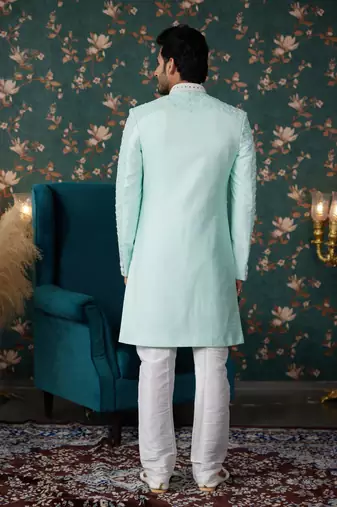 pista green sherwani with computer thread work on art silk and faux satin pajama for mens