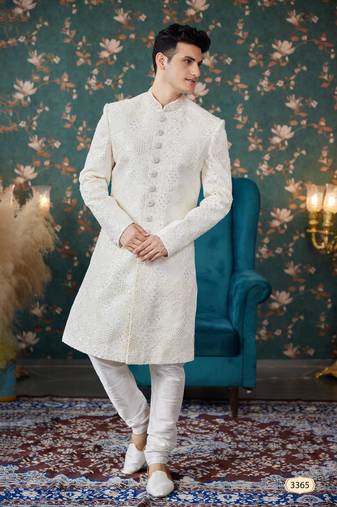 cream sherwani with computer thread work on art silk Pajama for mens