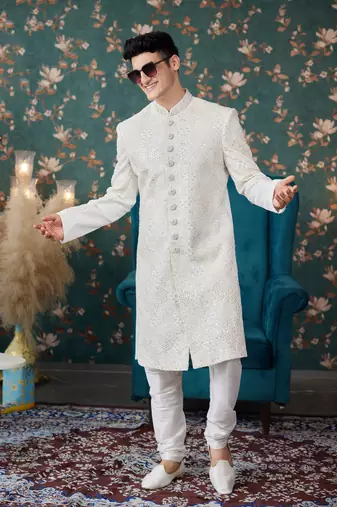 beige art silk sherwani for royal weddings