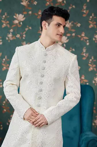 beige art silk sherwani for royal weddings