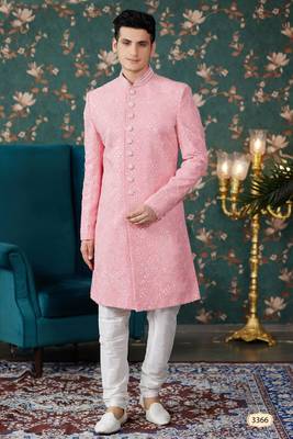 pink sherwani with computer thread work on art silk and faux satin pajama for mens 1
