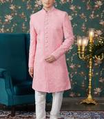 pink sherwani with computer thread work on art silk and faux satin Pajama for mens