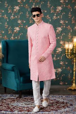 pink sherwani with computer thread work on art silk and faux satin pajama for mens 2