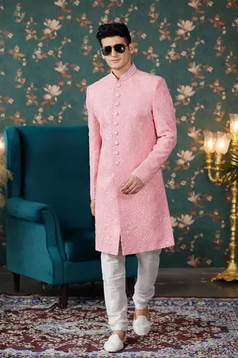 pink sherwani with computer thread work on art silk and faux satin pajama for mens