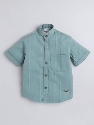 Green cotton double cloth designer half sleeves mandarin collar shirt for girls and boys 2
