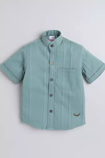 Green cotton double cloth designer half sleeves mandarin collar shirt for girls and boys