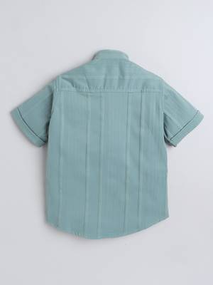 Green cotton double cloth designer half sleeves mandarin collar shirt for girls and boys 3