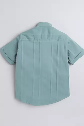 Green cotton double cloth designer half sleeves mandarin collar shirt for girls and boys