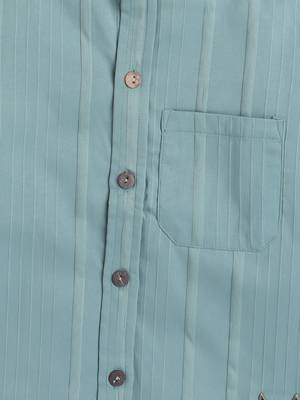 Green cotton double cloth designer half sleeves mandarin collar shirt for girls and boys 4