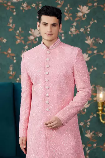 pink sherwani with computer thread work on art silk and faux satin pajama for mens