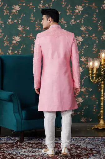 pink sherwani with computer thread work on art silk and faux satin pajama for mens