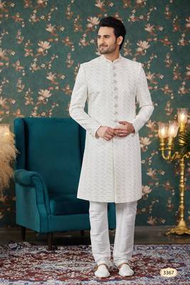 off white computer thread work on art silk sherwani with faux satin pajama for mens 1