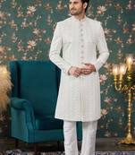 Off white computer thread work on art silk sherwani with faux satin Pajama for mens