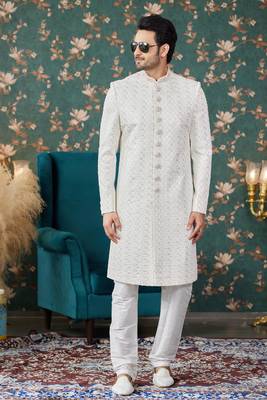 off white computer thread work on art silk sherwani with faux satin pajama for mens 2