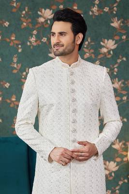 off white computer thread work on art silk sherwani with faux satin pajama for mens 3
