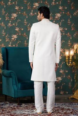 off white computer thread work on art silk sherwani with faux satin pajama for mens 4