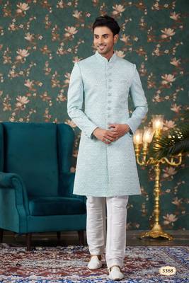 blue computer thread work on art silk sherwani with faux satin pajama for mens 1