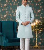 Blue computer thread work on art silk sherwani with faux satin pajama for mens