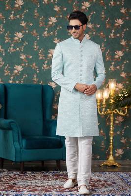 blue computer thread work on art silk sherwani with faux satin pajama for mens 2