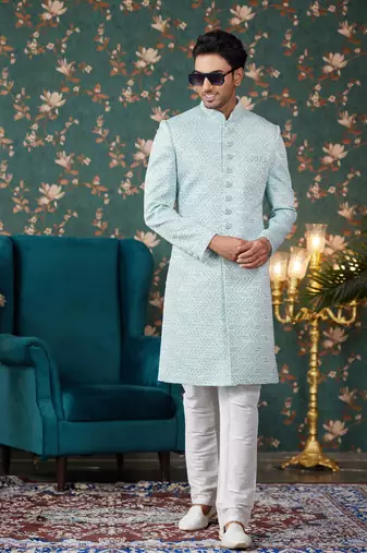 blue computer thread work on art silk sherwani with faux satin pajama for mens