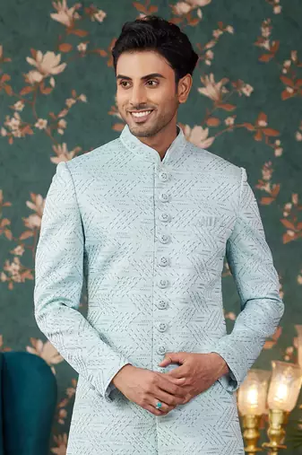 blue computer thread work on art silk sherwani with faux satin pajama for mens