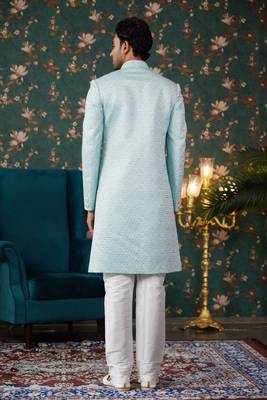 blue computer thread work on art silk sherwani with faux satin pajama for mens 4