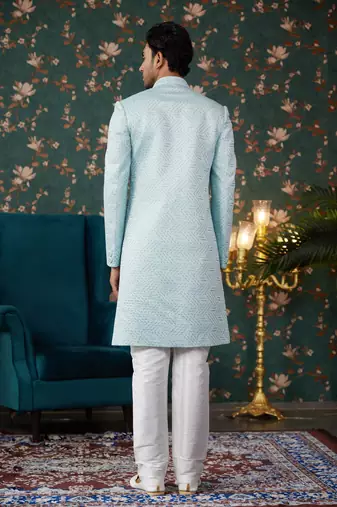 blue computer thread work on art silk sherwani with faux satin pajama for mens