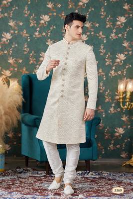 cream computer thread work on art silk sherwani with faux satin pajama for mens 1