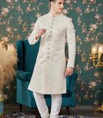 cream computer thread work on art silk sherwani with faux satin Pajama for mens