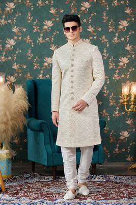 cream computer thread work on art silk sherwani with faux satin pajama for mens 2