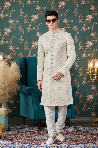 cream computer thread work on art silk sherwani with faux satin pajama for mens