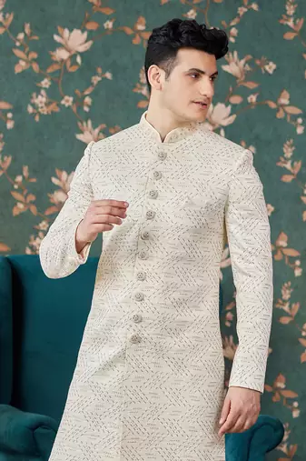 cream computer thread work on art silk sherwani with faux satin pajama for mens