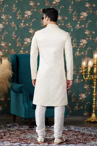 cream computer thread work on art silk sherwani with faux satin pajama for mens
