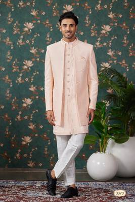 peach computer thread work on art silk 3 piece indo western with faux satin for mens 1