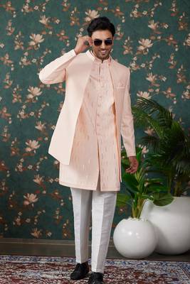 peach computer thread work on art silk 3 piece indo western with faux satin for mens 2