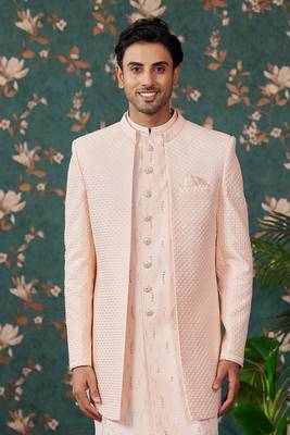 peach computer thread work on art silk 3 piece indo western with faux satin for mens 3