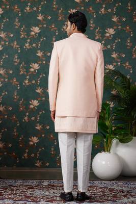 peach computer thread work on art silk 3 piece indo western with faux satin for mens 4