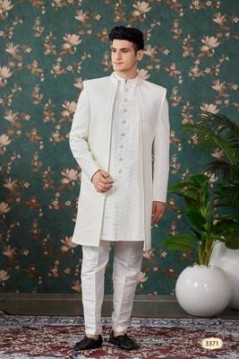 off white computer thread work on art silk 3 piece indo western with faux satin for mens 1