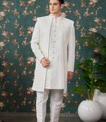 Off White computer thread work on art silk 3 piece indo western with faux satin for mens