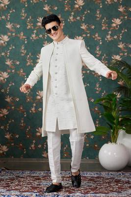 off white computer thread work on art silk 3 piece indo western with faux satin for mens 2