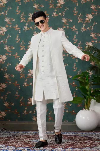 off white computer thread work on art silk 3 piece indo western with faux satin for mens