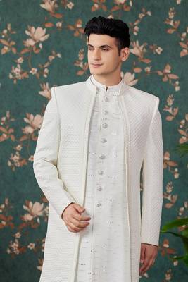 off white computer thread work on art silk 3 piece indo western with faux satin for mens 3