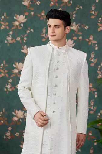 off white computer thread work on art silk 3 piece indo western with faux satin for mens