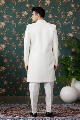 off white computer thread work on art silk 3 piece indo western with faux satin for mens 4