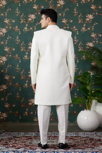 off white computer thread work on art silk 3 piece indo western with faux satin for mens