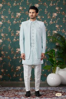 light blue computer thread work on art silk 3 piece indo western with faux satin for mens 1