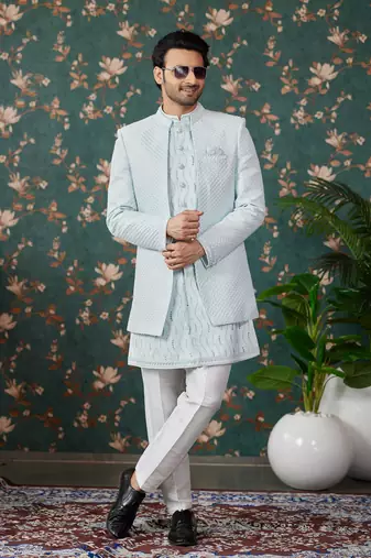 light blue computer thread work on art silk 3 piece indo western with faux satin for mens