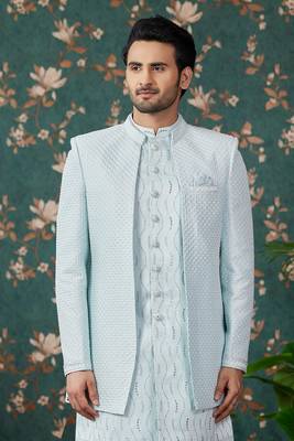 light blue computer thread work on art silk 3 piece indo western with faux satin for mens 3