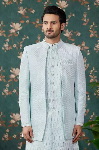 light blue computer thread work on art silk 3 piece indo western with faux satin for mens